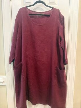 Flax Burgundy Linen 2G Dress with Front Patch Pockets and Back    Gathers